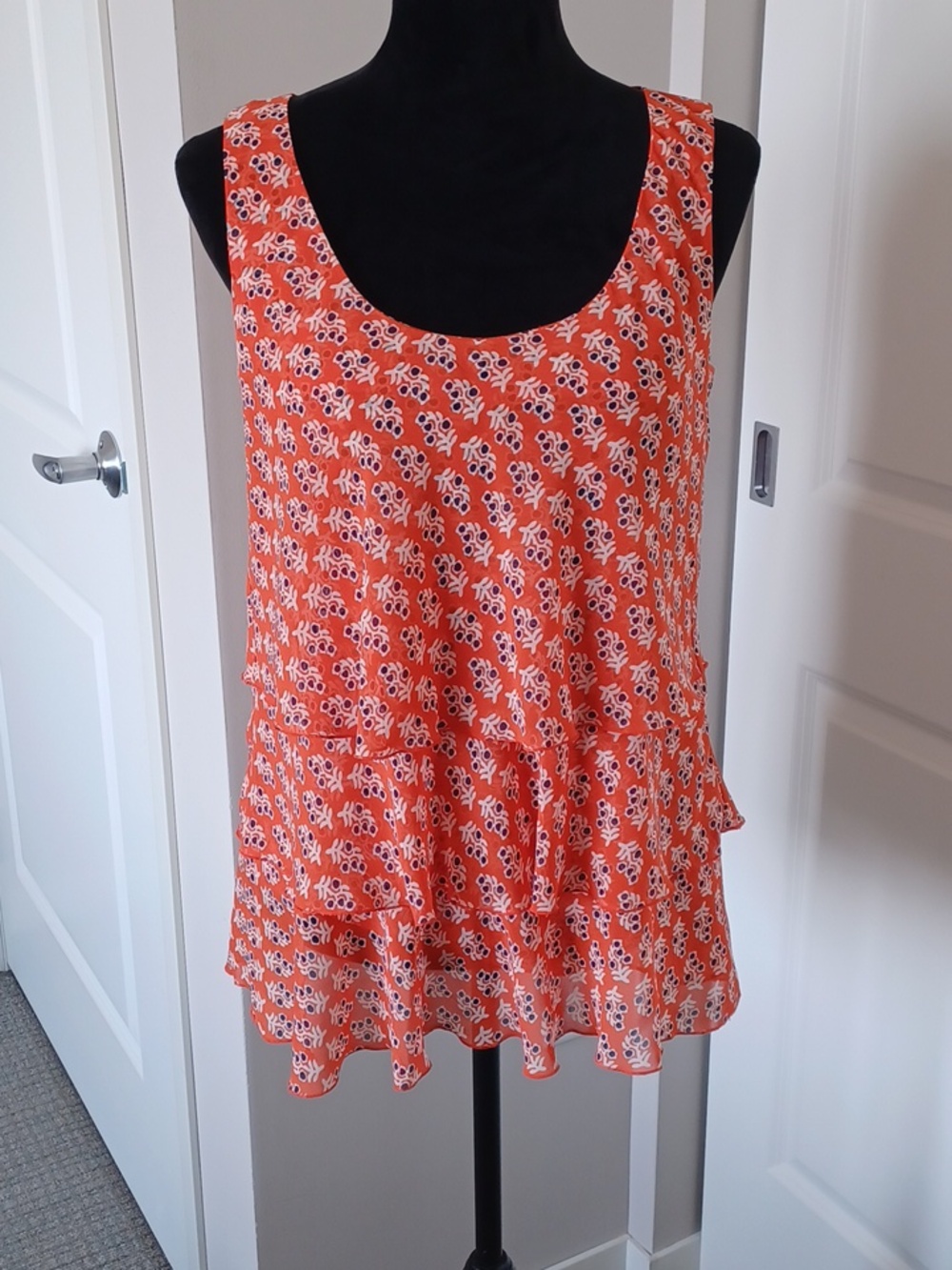 Tory Burch Orange/Navy Print Sleeveless Tiered Ruffle Top